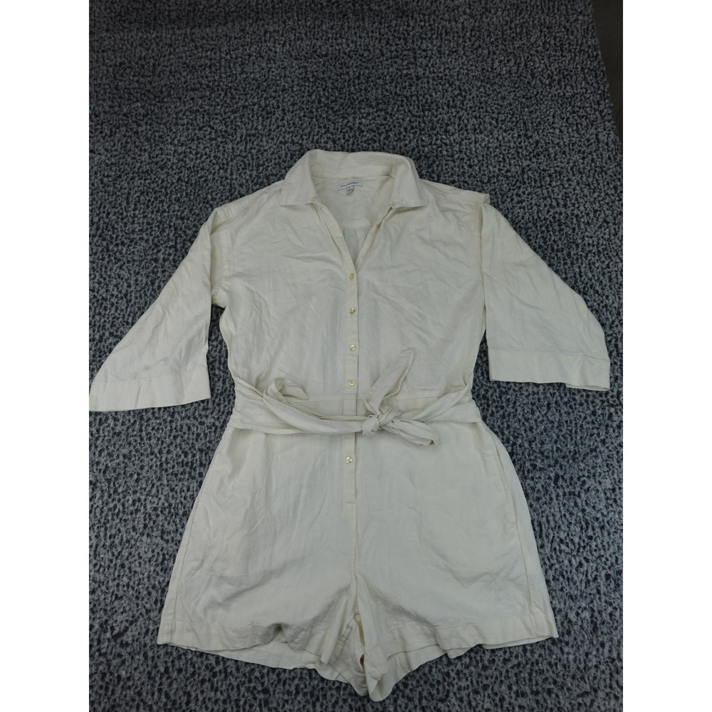 Free Assembly Utility Romper Womens Large Cream Excellent Linen Blend Tie Waist